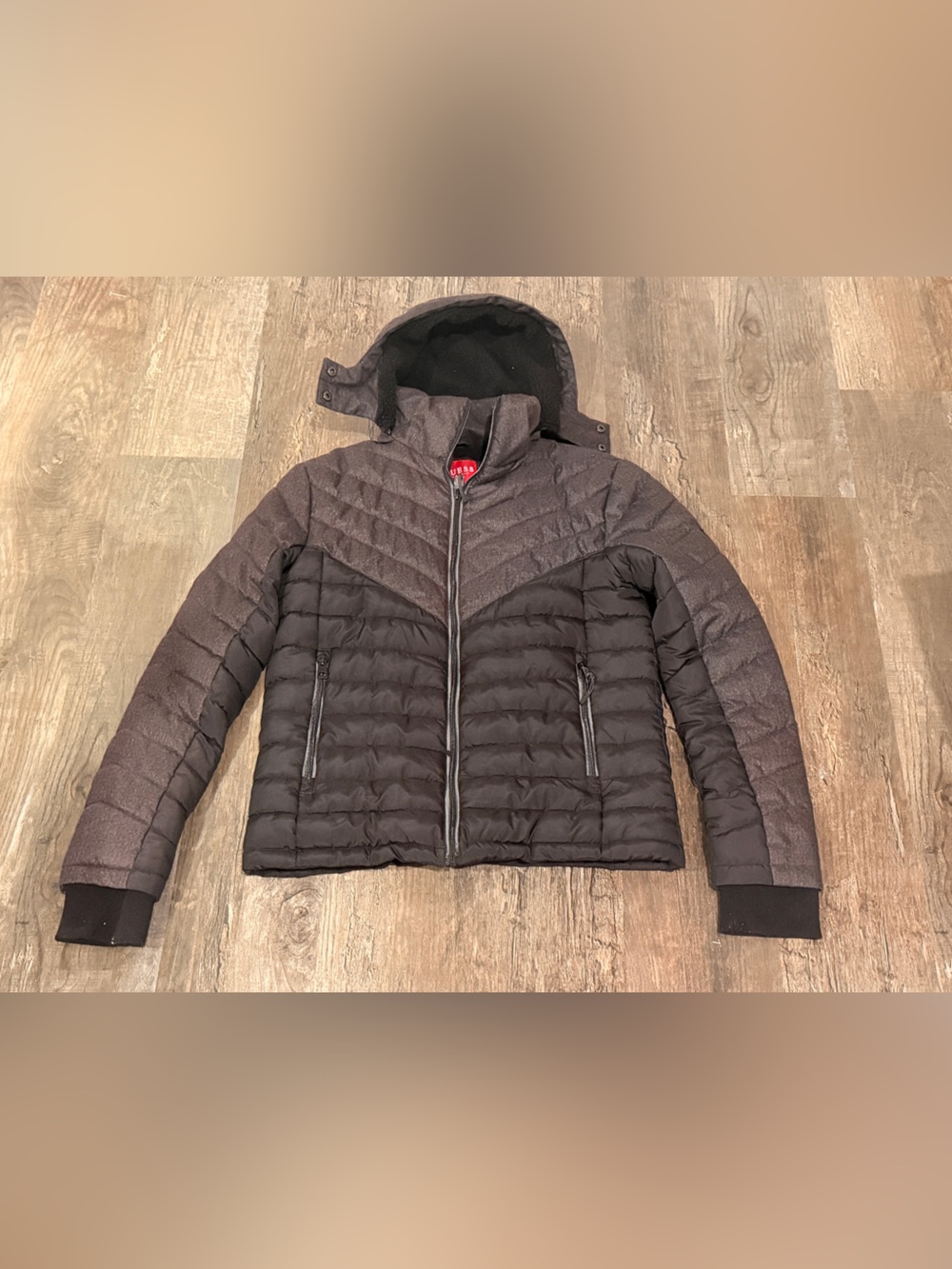 Guess Men's Two-Tone Quilted Hooded Jacket - Black & Dark Brown